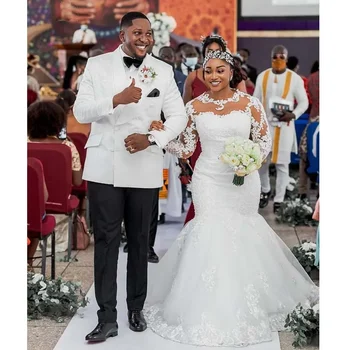 יופי מותאם אישית לראות דרך תחרה בתולת בצוואר גבוהה שמלת כלה לאשליה שרוולים ארוכים שמלות כלה אפריקניות