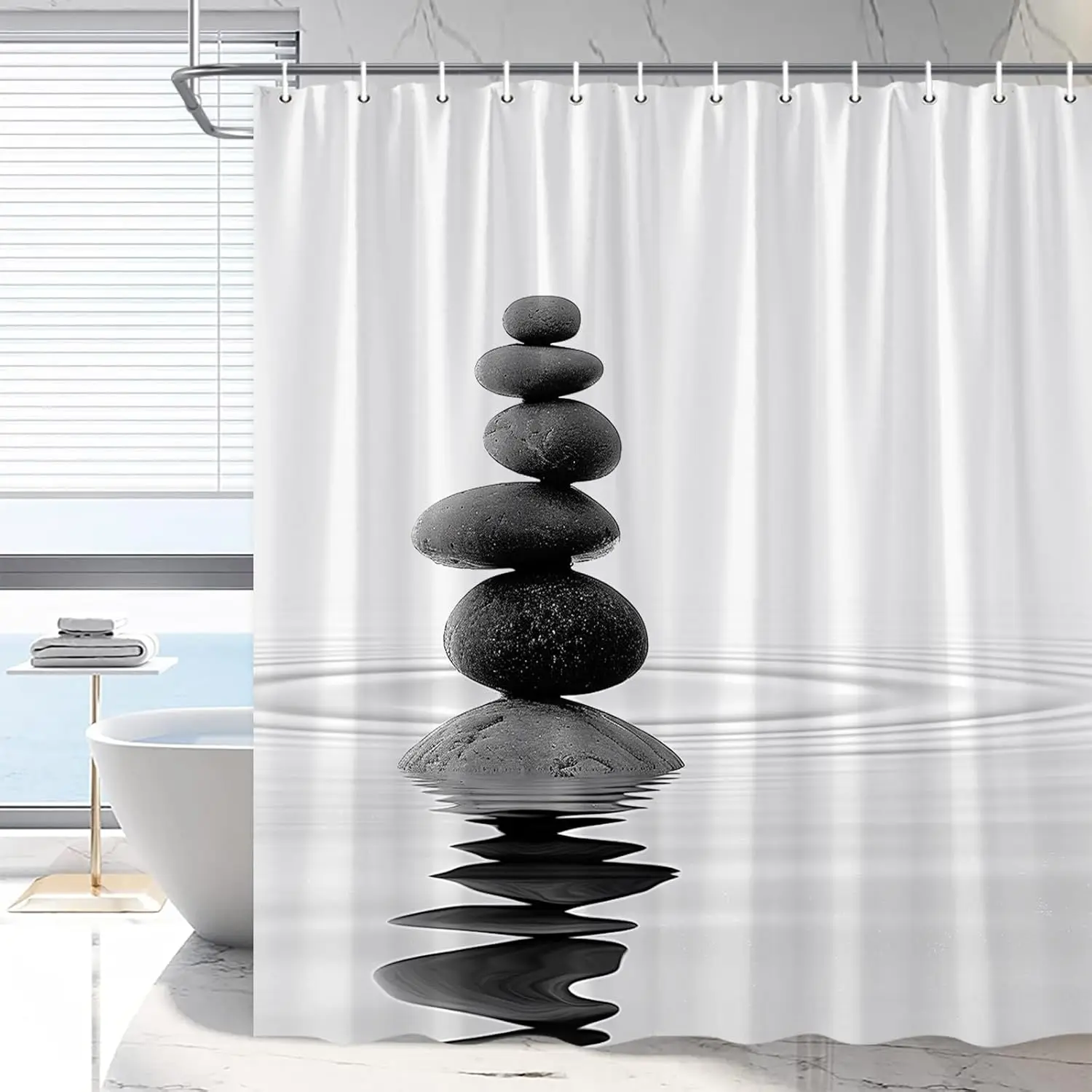

Каменная занавеска для душа, водный пейзаж, медитация, минималистский, серый декор для ванной комнаты, водонепроницаемая, можно стирать в машине с крючками