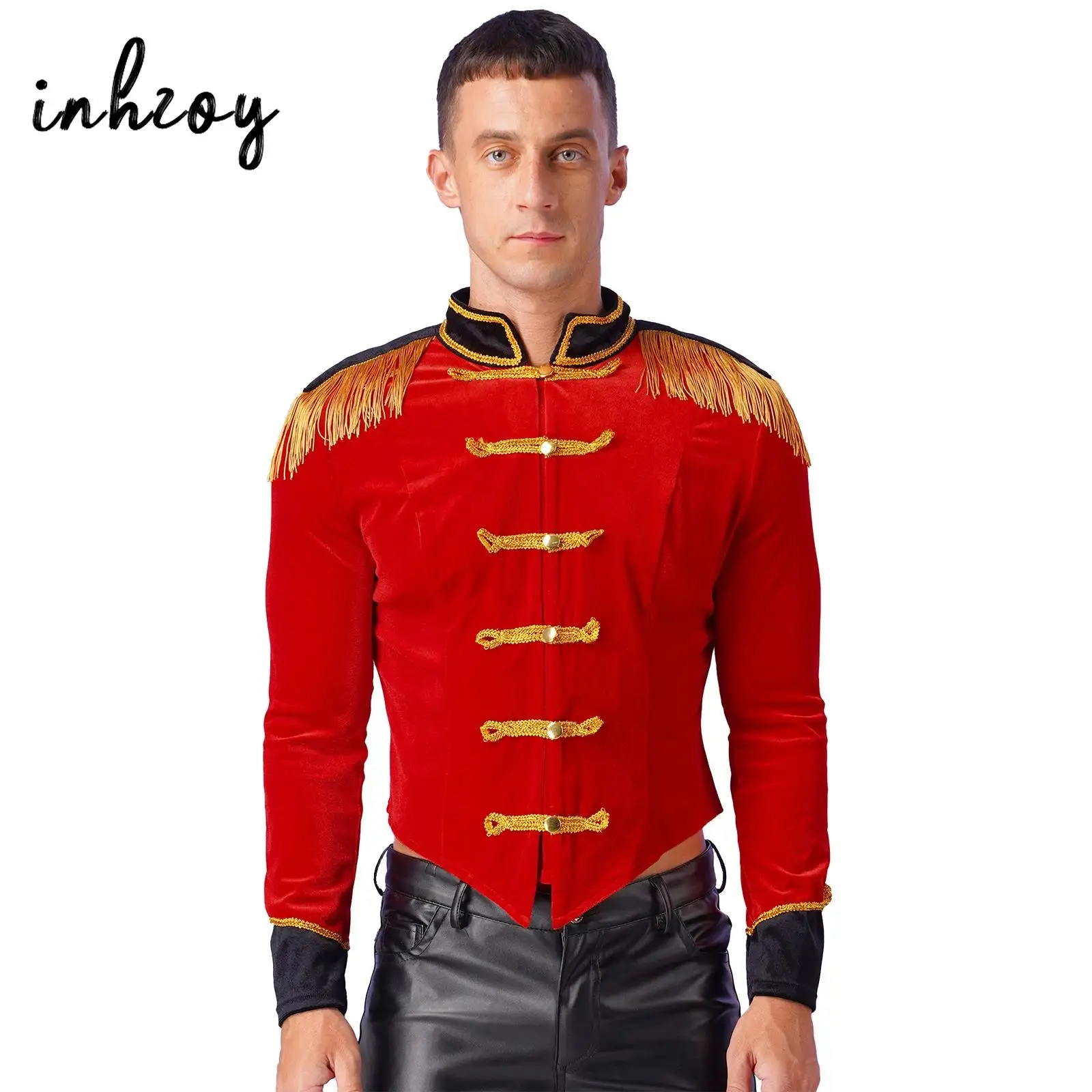 Men Circus Ringmaster Jacket Showman Costume Fringed Shoulder Board Velvet Coat Tuxedo Halloween Carnival Performance Clothes