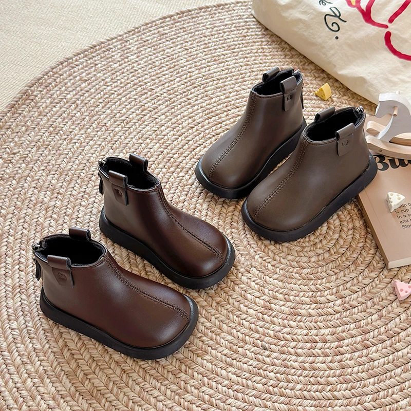 

Autumn Winter Children's Boots Fashion Simple Style Girl's Ankle Boot Causal Classic Sewing Kids Short Leather Boots Side Zipper
