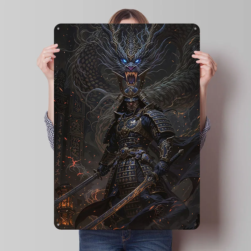 Samurai und Drachen Digitale Kunst Metallposter Individualisierte Wandkunst Retro Vintage Metallschilder für Gaming-Raumdekoration Gemütlich