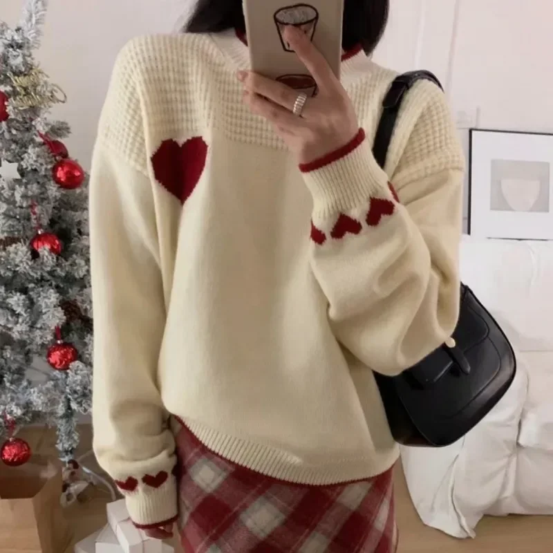 Korean Fashion Winter New Love Color Blocked Hoodie Women's Printed Holiday Atmosphere Knitted Sweater Female Clothing