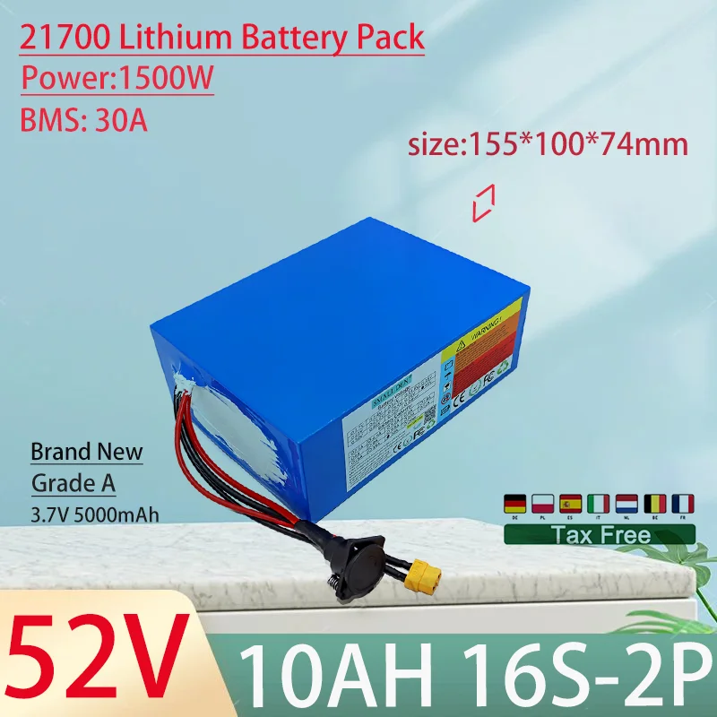 52V 10Ah 21700 14S2P Lithium Ion Battery Pack 1500W Power Tool Batteries Outdoor Backup Batteries With 30A BMS+58.8V 3A charger