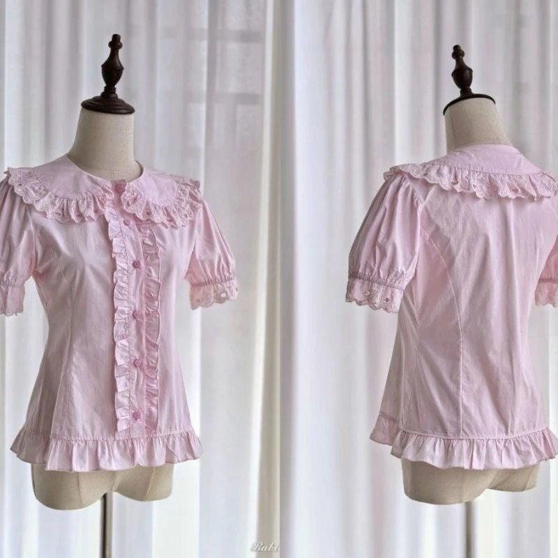 بلوزات لوليتا اليابانية لعام 2025 قميص نسائي جميل بفيونكة مكشوفة الأكتاف قميص JK للفتيات على الطراز القوطي أنيق على شكل قلب من الدانتيل وكشكشة لطيفة
