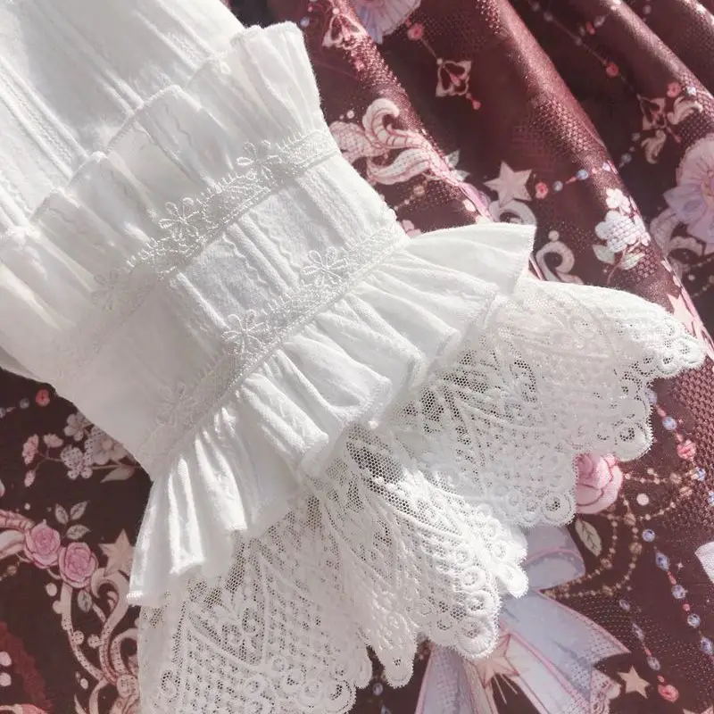 ญี่ปุ่น Preppy เสื้อสีขาวผู้หญิง Vintage Elegant Lace Ruffles เสื้อหวาน Lolita แขนยาว Slim Crop Tops ใหม่