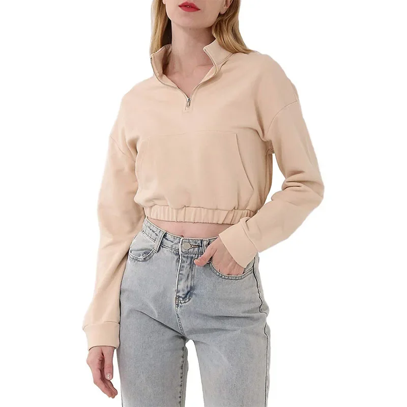 

Causal 100% Cotton Short Waistline Hoodie Women's Clothing Polo Lapel Zipper Sports Top Long Sleeve Soild Loose Pullover Tops