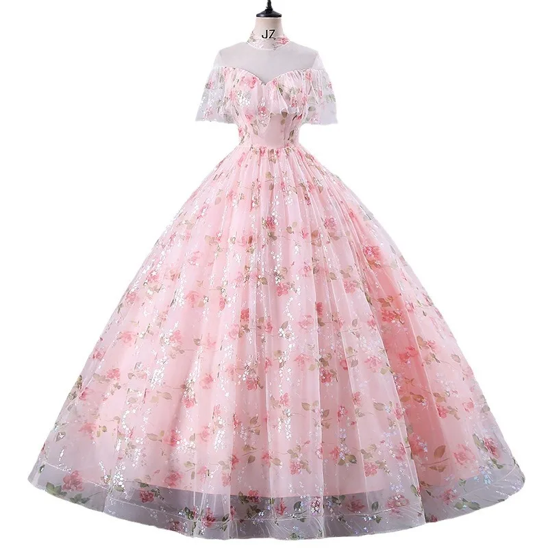 DSP Elegant A Line High Neck Floral Quinceanera Dresses for 15 Years Old Girl Princess Dress Birthday Party Dresses Prom Gown