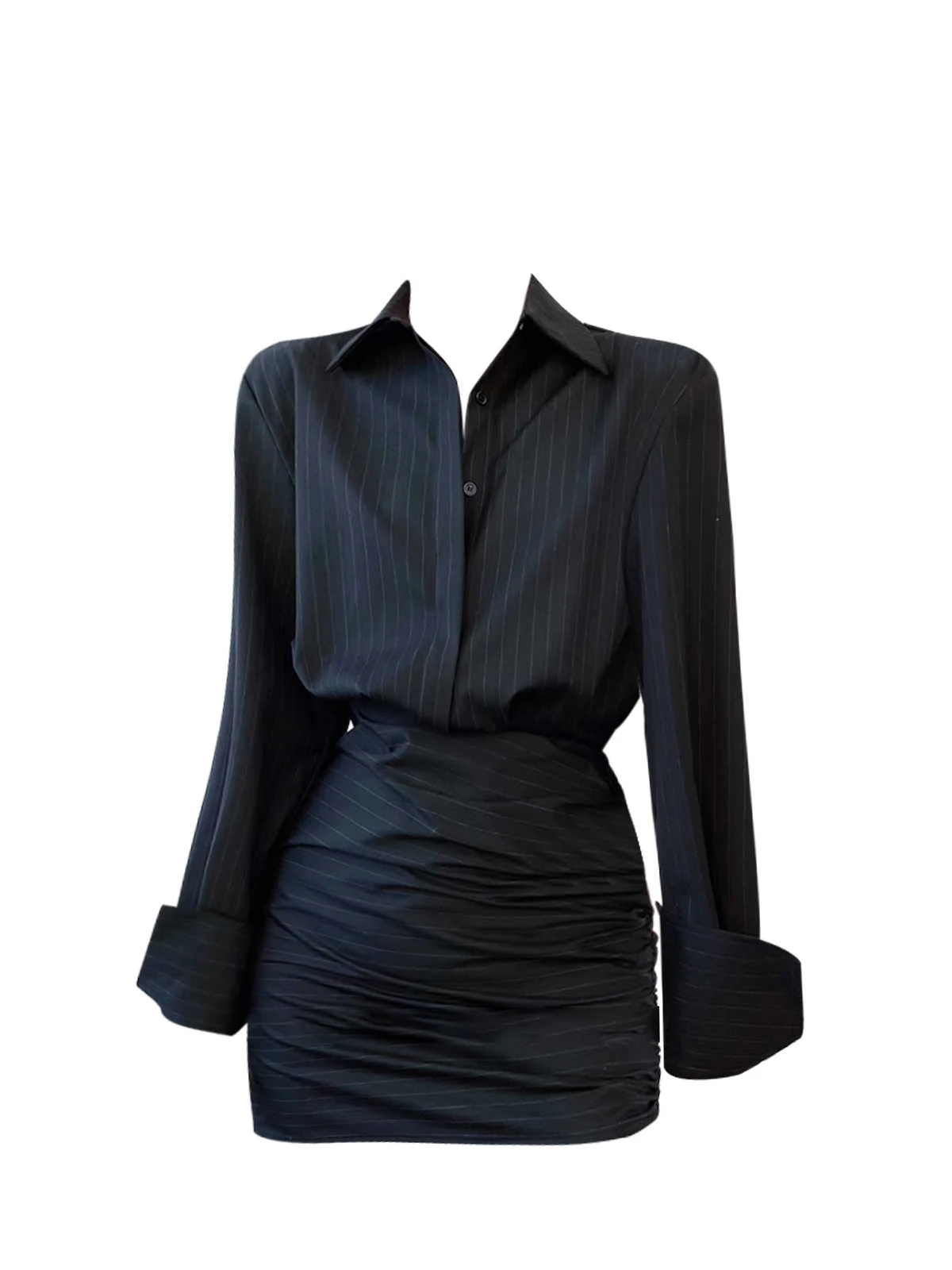 

Платье-футляр в полоску с воротником и завышенной талией для полных женщин, французский стиль, с длинными рукавами