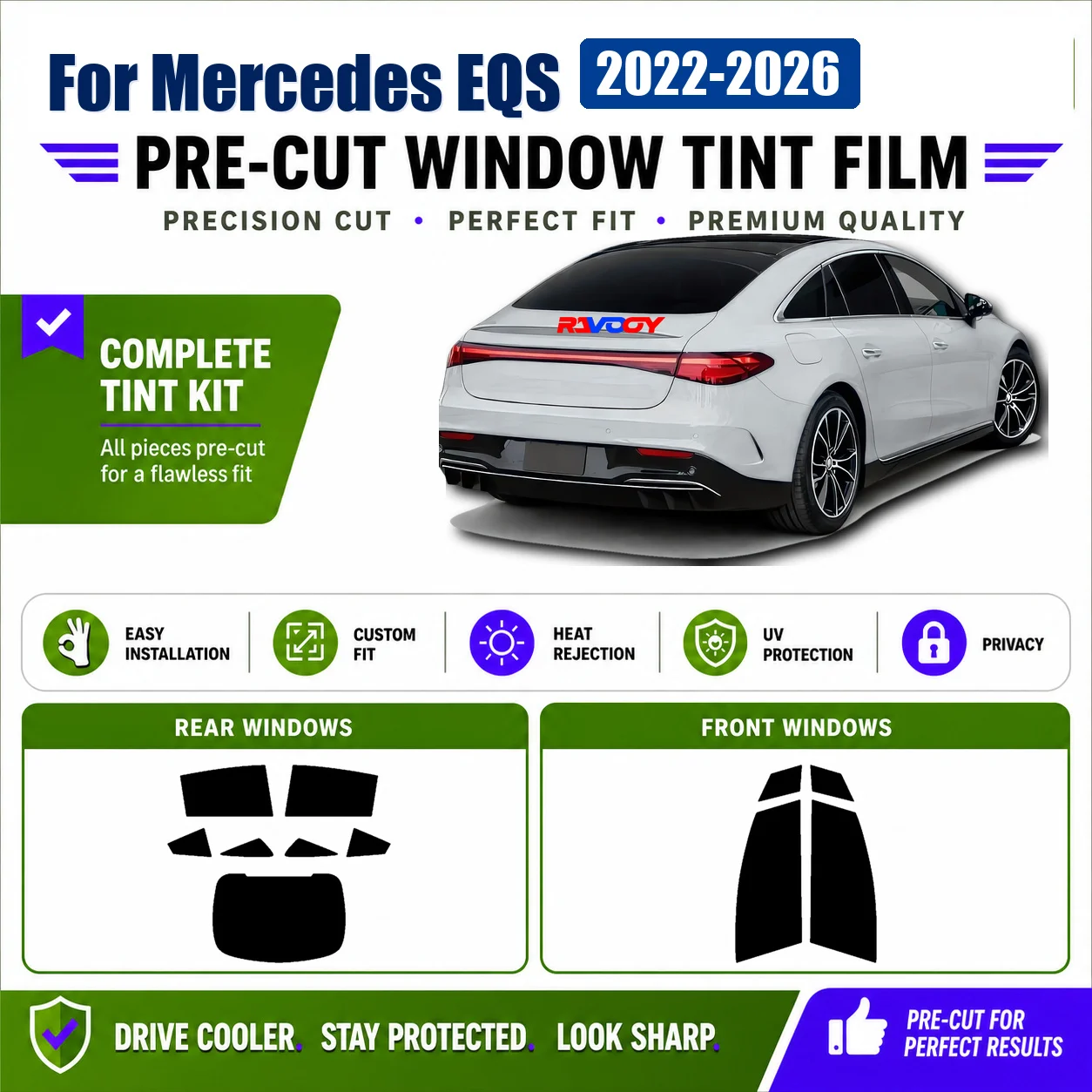 For Mercedes EQS 2022-2026 Sun Shade Film Custom Fit Front & Rear Window Heat & UV Blocking