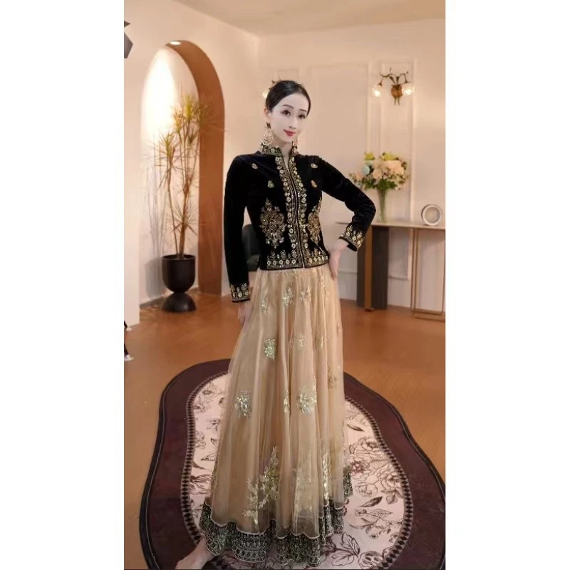 2025 mulheres dança topo manga longa bordado topo trajes tradicionais orientais dança indiana roupas de desempenho palco dql12069