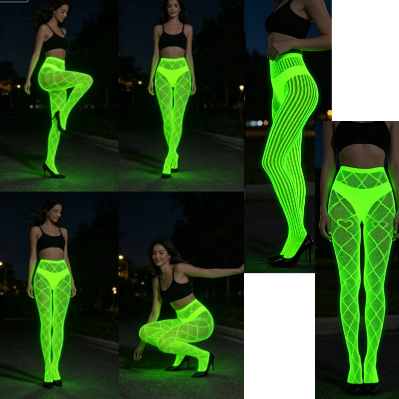 5-teiliges Neon-Fischnetz-Rave-Outfit: UV-reaktive Strumpfhosen, die im Schwarzlicht leuchten – Neon-Glow-Strumpfhosen, Clubwear-Dessous, Netzstrümpfe