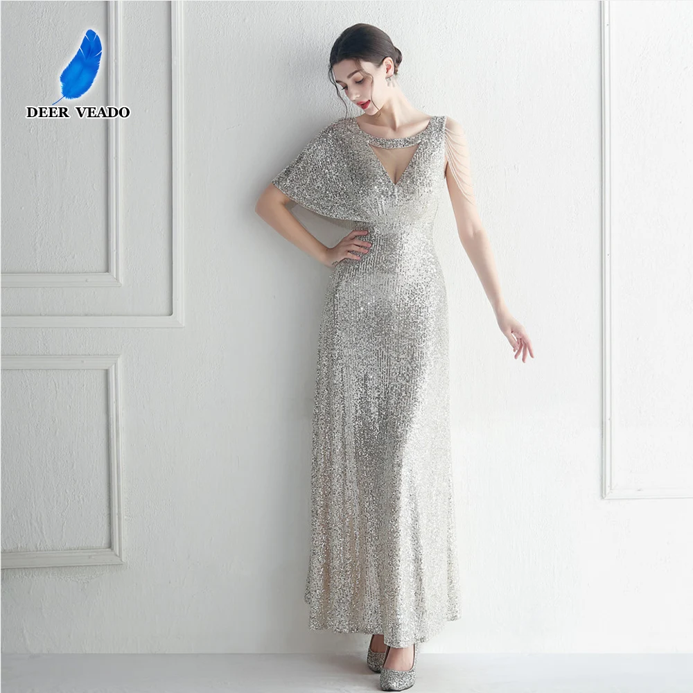 DEERVEADO Cap Sleeves Silver Sequins Evening Dress Long Elegant Party Dresses for Women 2023 Formal Occasion Dress Prom Gown