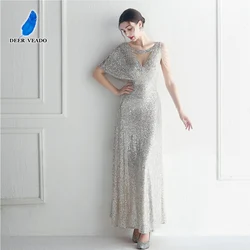 DEERVEADO Cap Sleeves Silver Sequins Evening Dress Long Elegant Party Dresses for Women 2023 Formal Occasion Dress Prom Gown