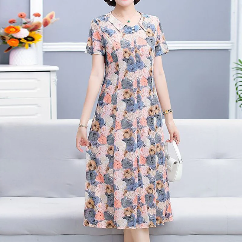 

Summer Middle-aged and Elderly Loose Elastic Mid Length Style Square Neck Patchwork Floral Printing Short Sleeve A-line Dress