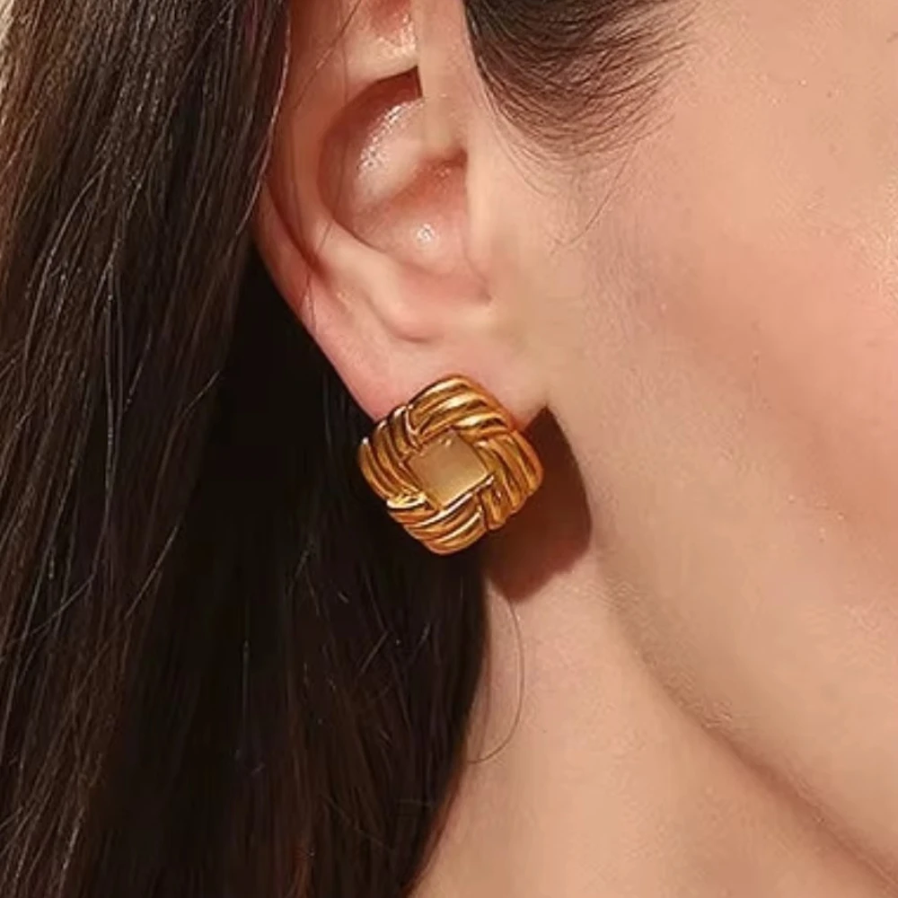 Mariasz Minimalist Stainless Steel Stud Earrings for Women Retro Square Puffy with Cat Eye Stone Golden Geometric Chic Jewelry