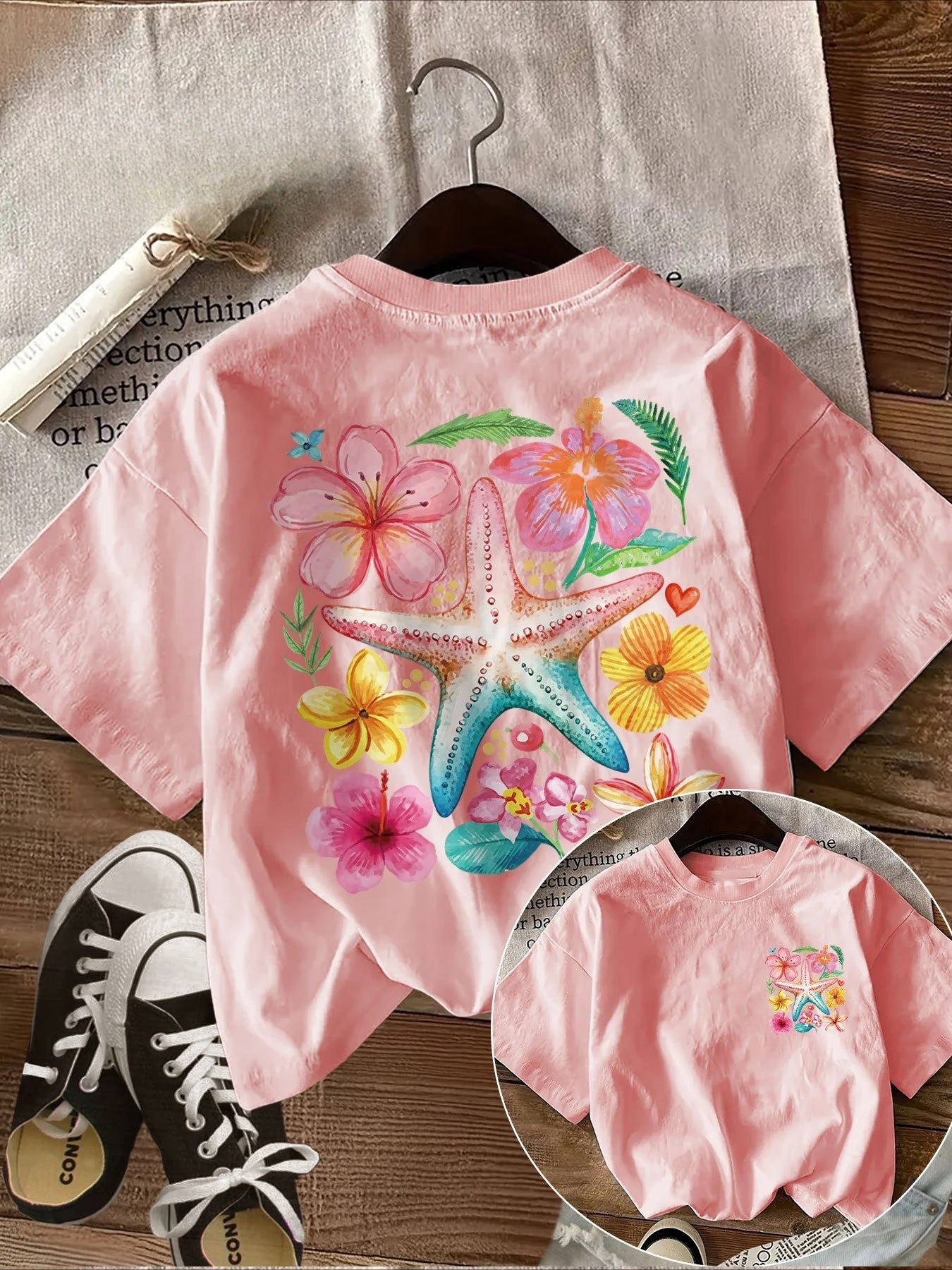 Children's Round NeckT-shirt Fashionable Loose Soft Comfortable Breathable Versatile Double-sided Watercolor Printed Pattern Top
