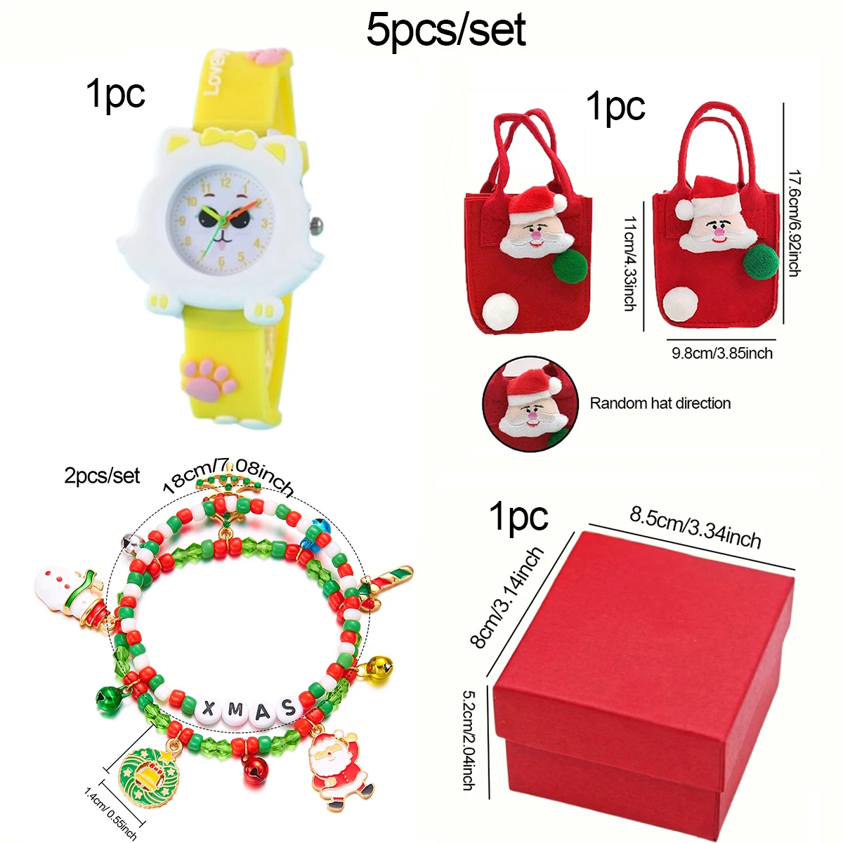 Gatinho Paw Print Watch Set, Pulseira Estilo Natal, Presente Perfeito Escolha, Presente de Natal, 5pcs por conjunto