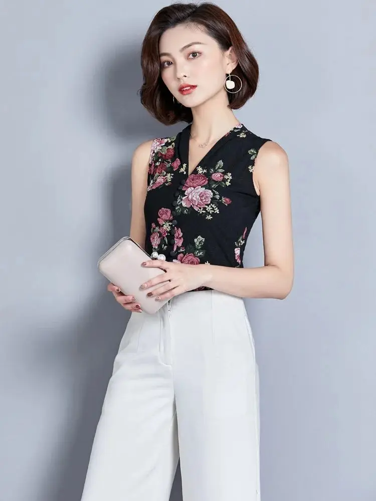 2024 New Arrival Mesh Female Spring Summer Printed Flowers Button Charming Trend Tank Tops Woman M-3XL Sleeveless Slim V-neck