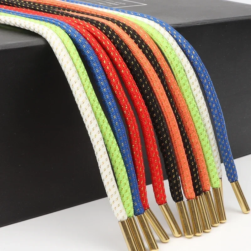Round Glitter Metallic Shoelaces Braided Sparkling Shoe Laces With Gold Metal Aglets Replacement Laces For Sneakers Casual Shoes