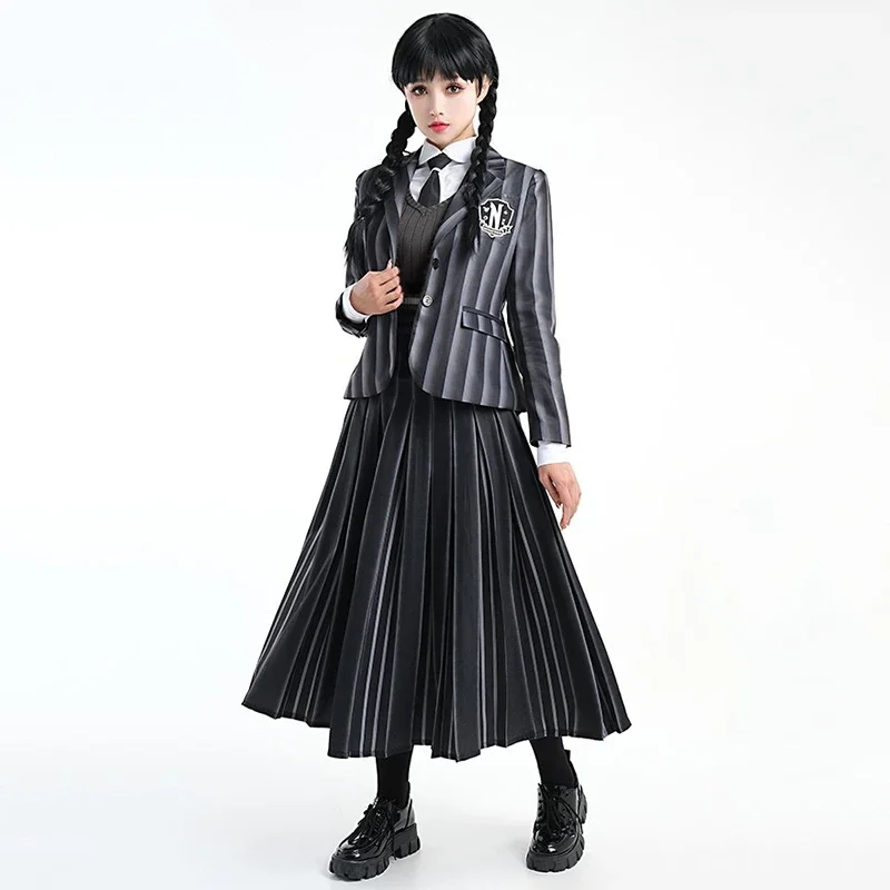 Wednesday Addams Cosplay Costume for Girls Kids Wednesday School Uniform Wig Full Suit Halloween Party Women Clothes Costumes