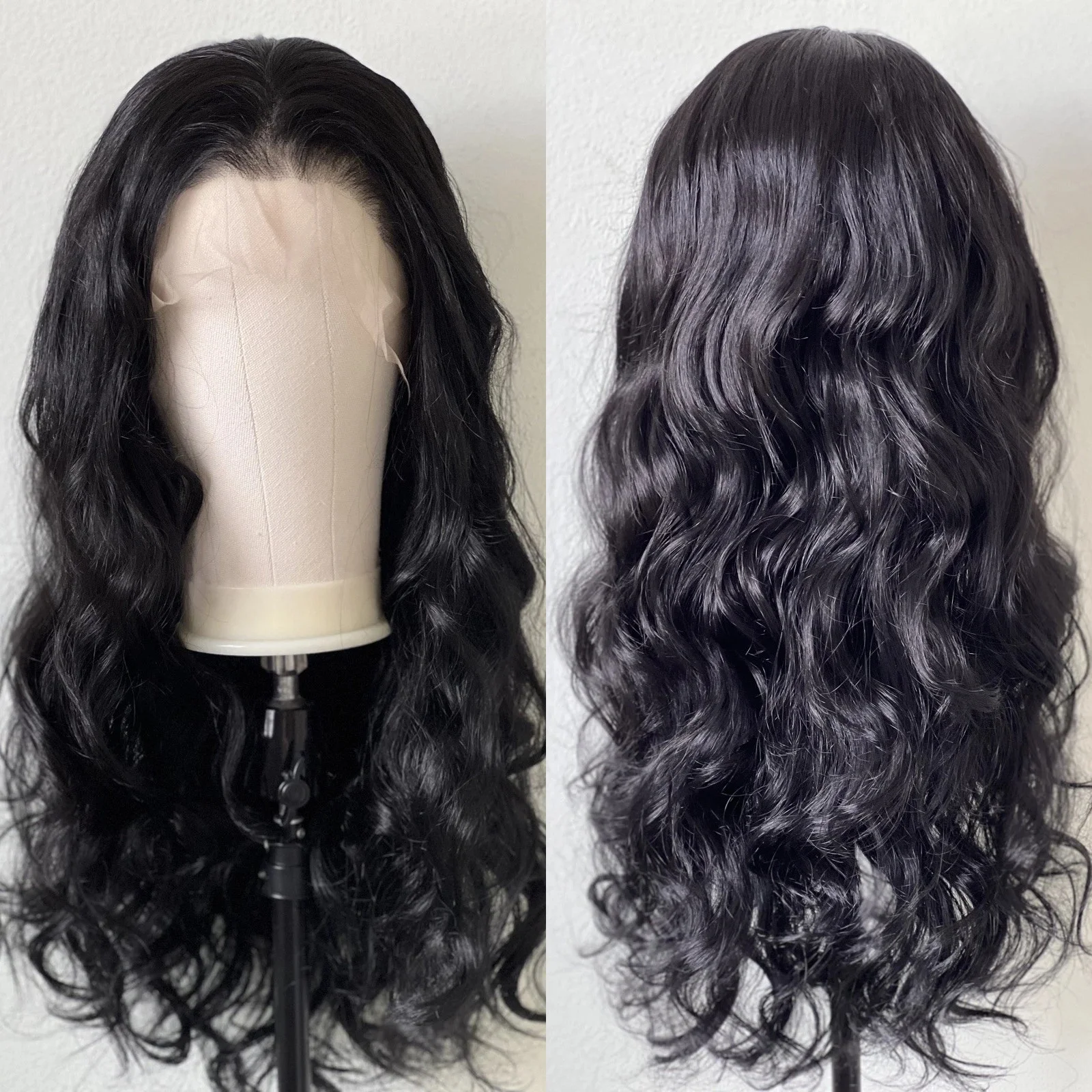 Wig Rambut Sintetis Model Body Wave Hitam Panjang 13X6 untuk Wanita, Free Part, Pre Plucked, Tanpa Lem, Keriting Bergelombang, untuk Sehari-hari, Pesta, Cosplay