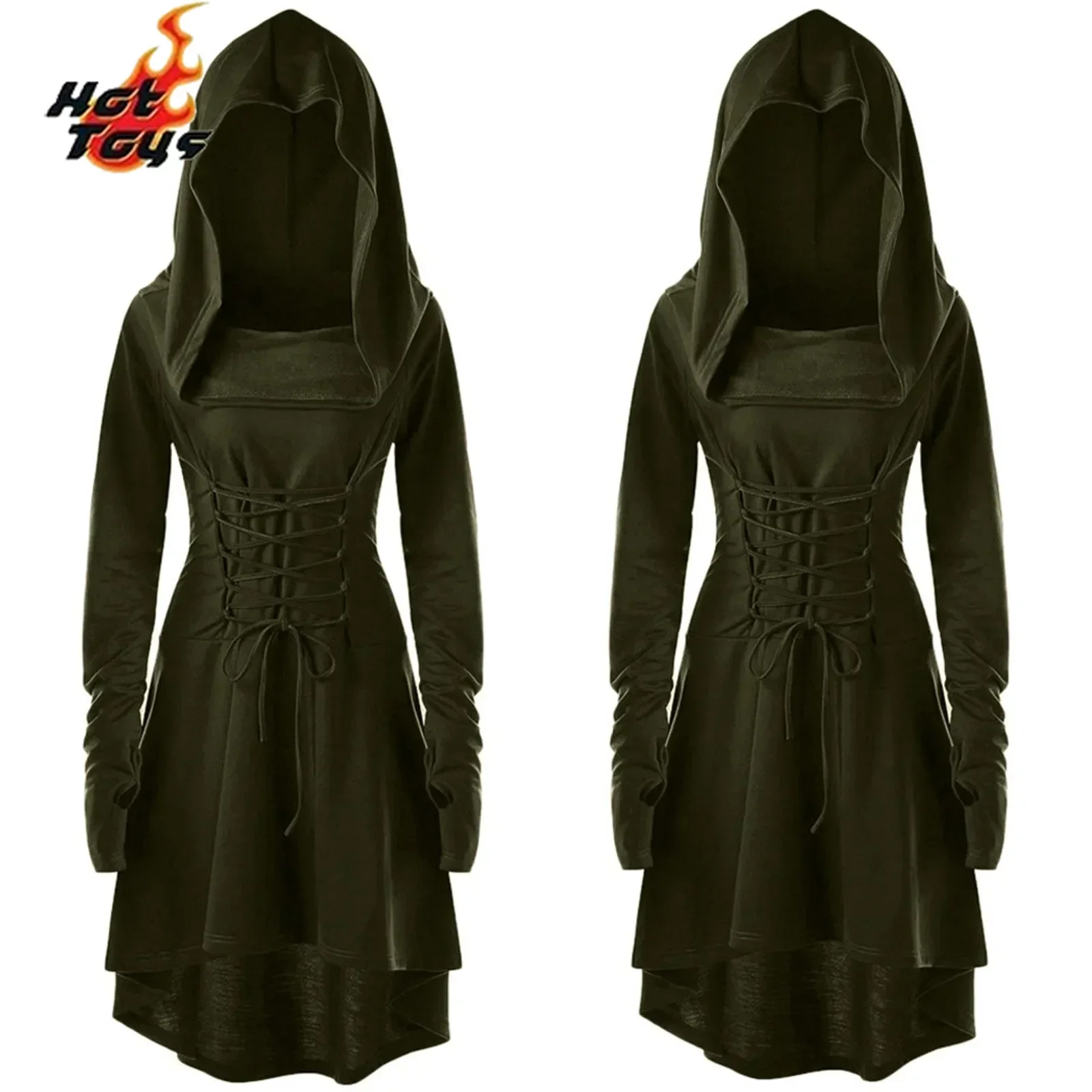 Hot Toys Medieval Renaissance Archer Costumes Hooded Vintage Womens Cosplay  Robe Lace Up Pullover Long Hoodie Dress Cloak