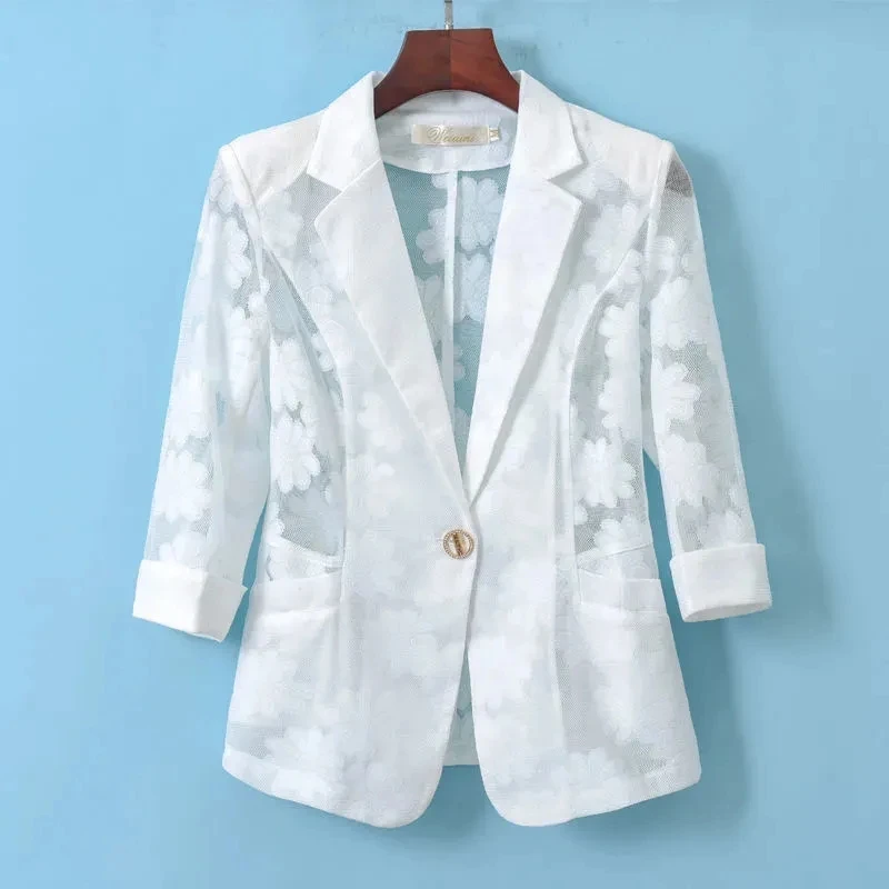 Suit Jacket Women's Spring Summer Sunscreen Shirt All-Match Fashion High-GradeThree-Quarter Sleeve Blazer Lady White Cardigan