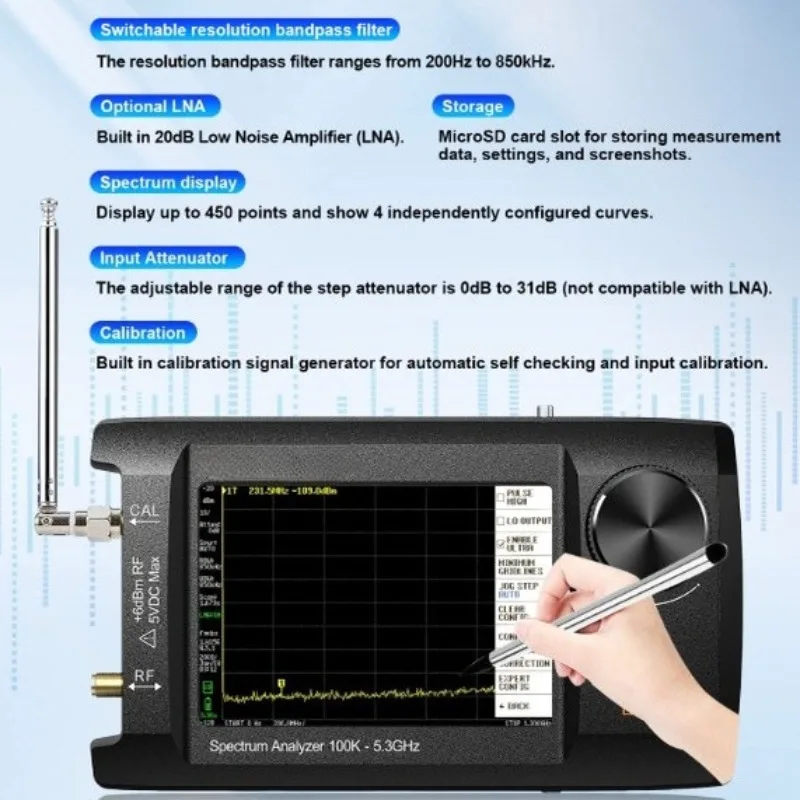 4-Inch IPS LCD Handheld Multifunctional Spectrum Analyzer SA5, 100KHZ-5.3GHZ Signal Generator