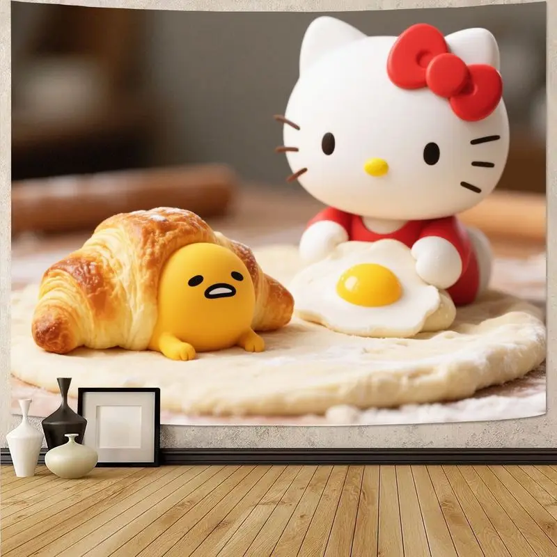 

1 шт. Sanrio Hello Kitty & Gudetama круассан яйцо гобелен Kawaii настенное искусство современный полиэстер декор для спальни в общежитии подарок для фанатов