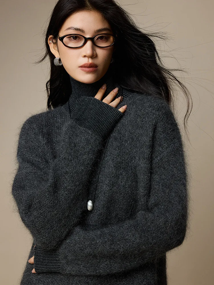 Birdtree, gebreide trui van mohairmix, dames coltrui basics gebreide kleding, pluche tops, 2025 herfst winter grijze trui T5N803JF