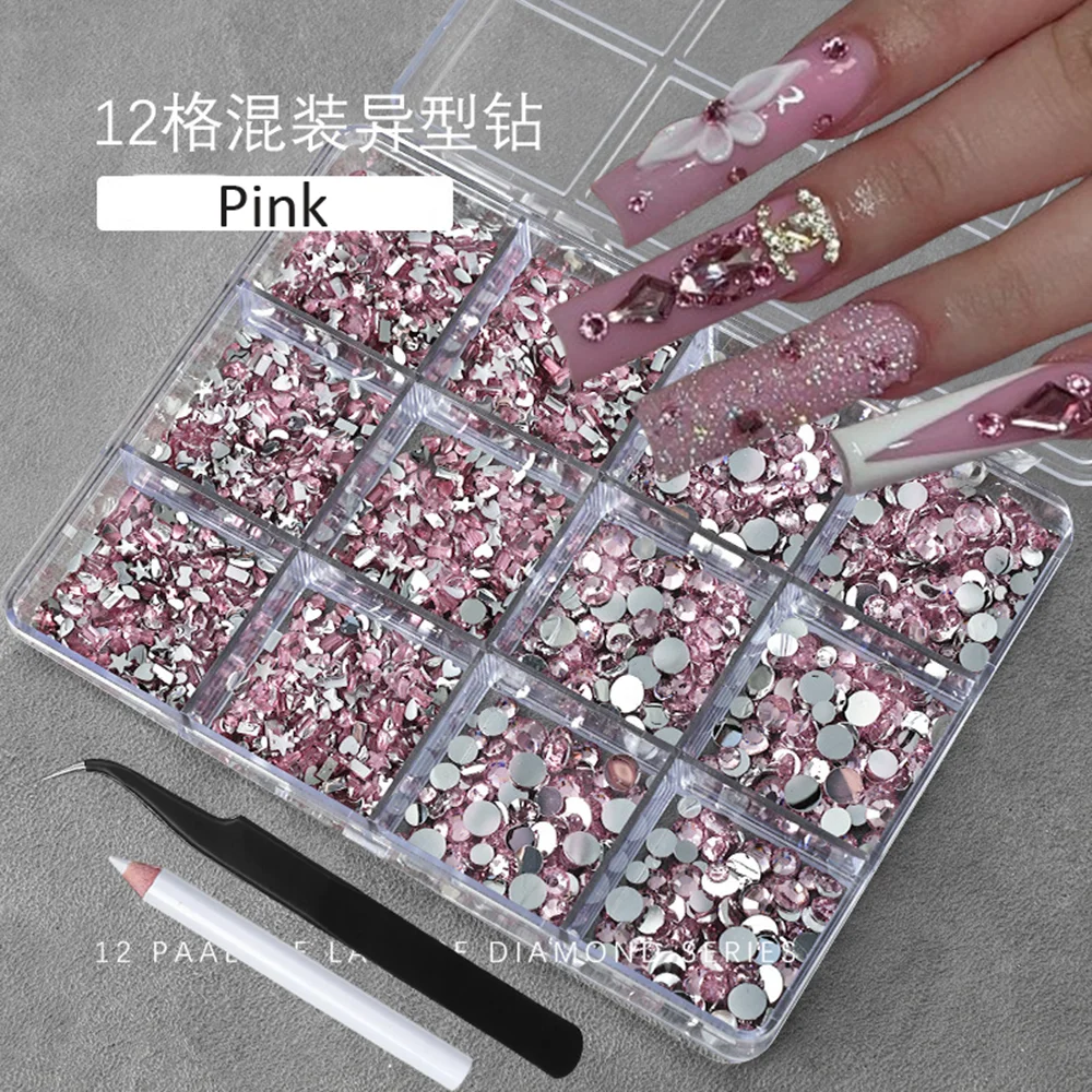 12Grids 3D Baby Blue Multi-Shape Nail Art Rhinestones Flat Back Resin Diamond Luxury Nail Charms for DIY Nail Tips Decorations
