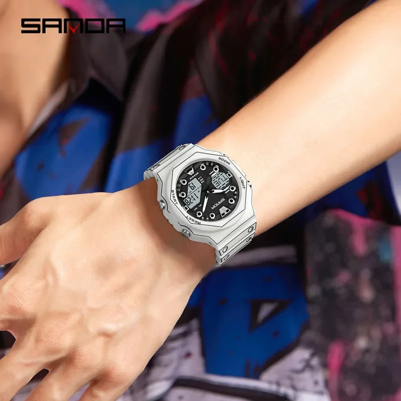 SANDA Military Outdoor Sport Dual Display Quartz Watch LED Luminous 5Bar Waterproof Stopwatch Countdown Multifunction Men Watch - view 3