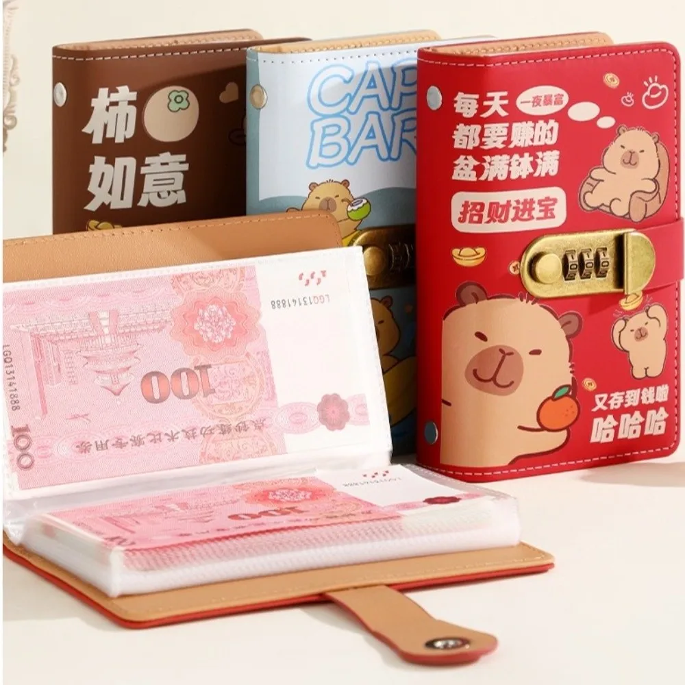 Cartoon Capybara Saving Money Binder PU Leather with Password Lock Budget Binder with Lock 100 Sheets A6 Planner Organizer