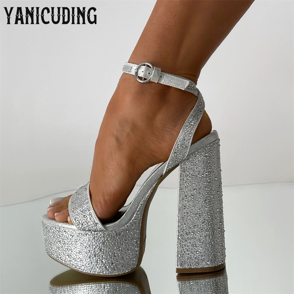 

Full Rhinestone Platform Chunky Sandals Cross Strap Buckle Heels Bling Bling Crystal Summer Sandals Luxurious Designer Sandals