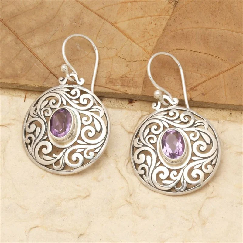 Bohemian Style Hollowed Pattern Pendant Earrings with Purple Synthetic Zirconia Women's Vintage Elegant Banquet Festival Jewelry