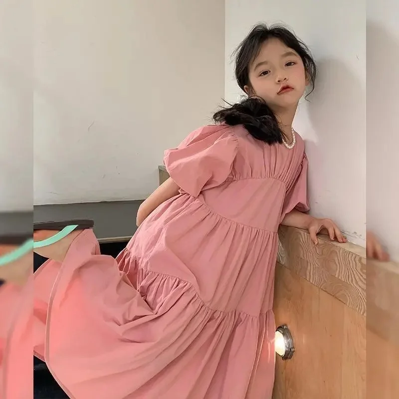 Girl Puff Sleeve Dresses 2024 Princess Cute Puffy Skirt Children Summer Birthday Gown Kids Casual Clothes Teens Fashion Vestidos