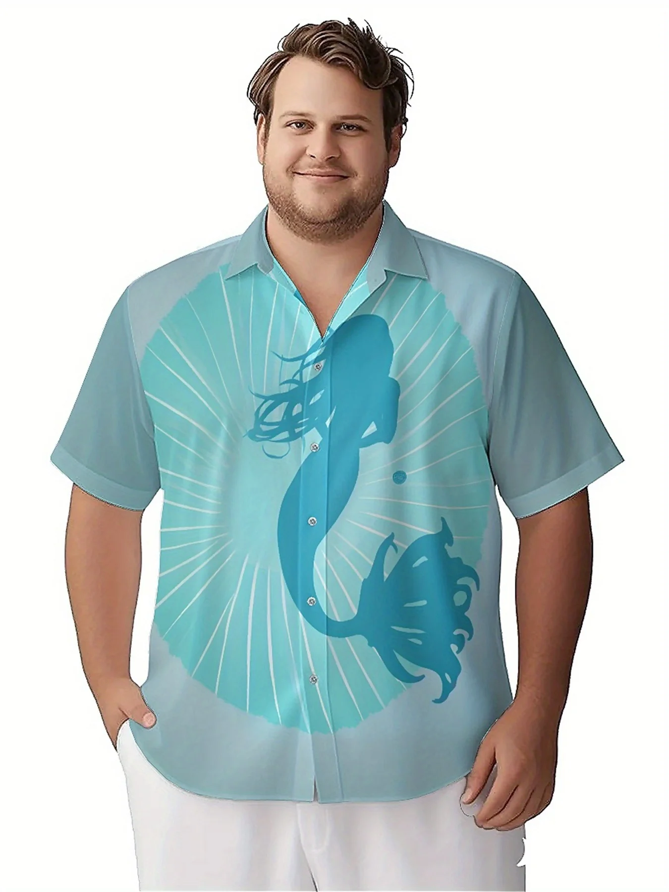 Men's Plus Size Hawaiian Shirts Ocean Mermaid Pattern, Summer Casual Tops, Suitable for Outdoor and Party, Streetwear