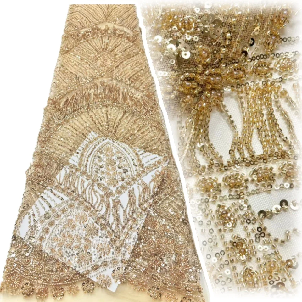 

Высокое качество, новинка для вечернего платья, роскошная кружевная ткань с бисером и блестками, бахрома, нигерийская ткань с вышивкой и блестками, кисточками, TP1587