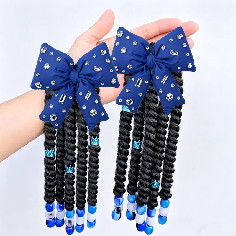

2pcs Kids Twisted Braid Bow Ponytail Wig, Synthetic Curly Braided Hair Extension with Beads, Waterproof Rhinestone Bow Hair Clip