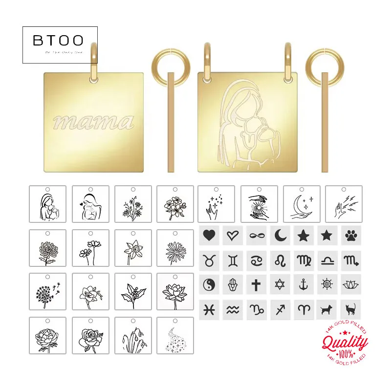 

14K Gold Filled Personalized Initial Square Charms Necklace Engravable Multi Tag Square Pendant DIY Custom Letter Disc Jewelry