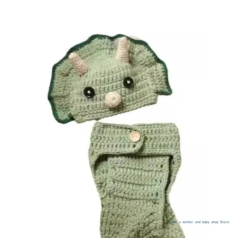 67JC 2Pcs Warm and Soft Newborns Costume Crochet Knitted Dinosaur Hat and Pants Set