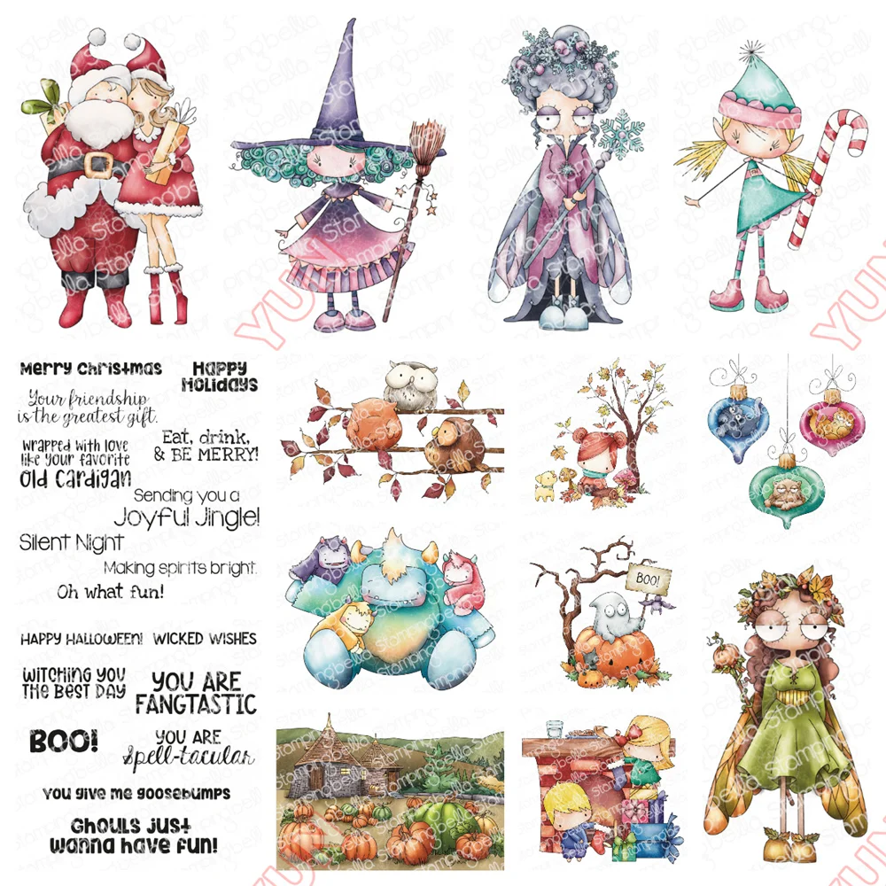 

New Stampingbella Christmas Elf Rubber Stamp Boo Hallowmas Witch Stamps DIY Scrapbooking Greeting Card Be Merry Sentiment Stamp