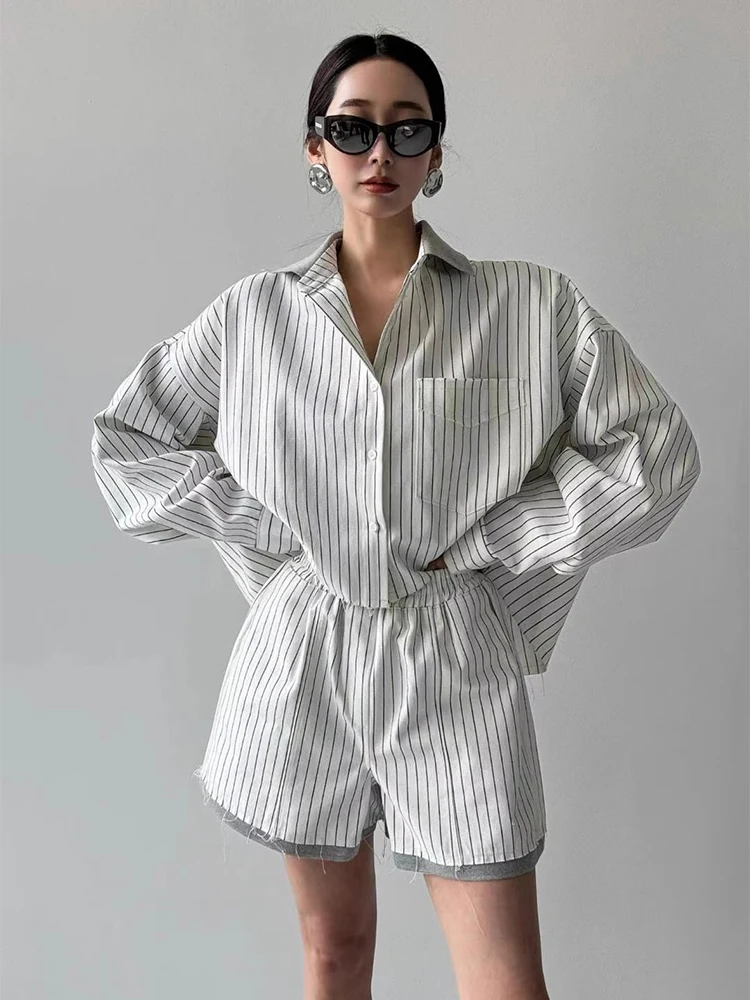 

Chic Spring Casual Stripe Shirt High Waist Shorts Set Women's Fashion Splicing Turn-down Collar Cotton Blend Spring Outfit