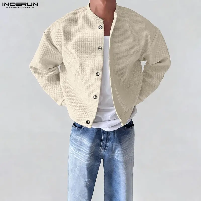 

INCERUN Men Jackets Solid Color O-neck Long Sleeve Button Thin Coats Men Streetwear Outerwear 2025 Fashion Casual Male Jackets
