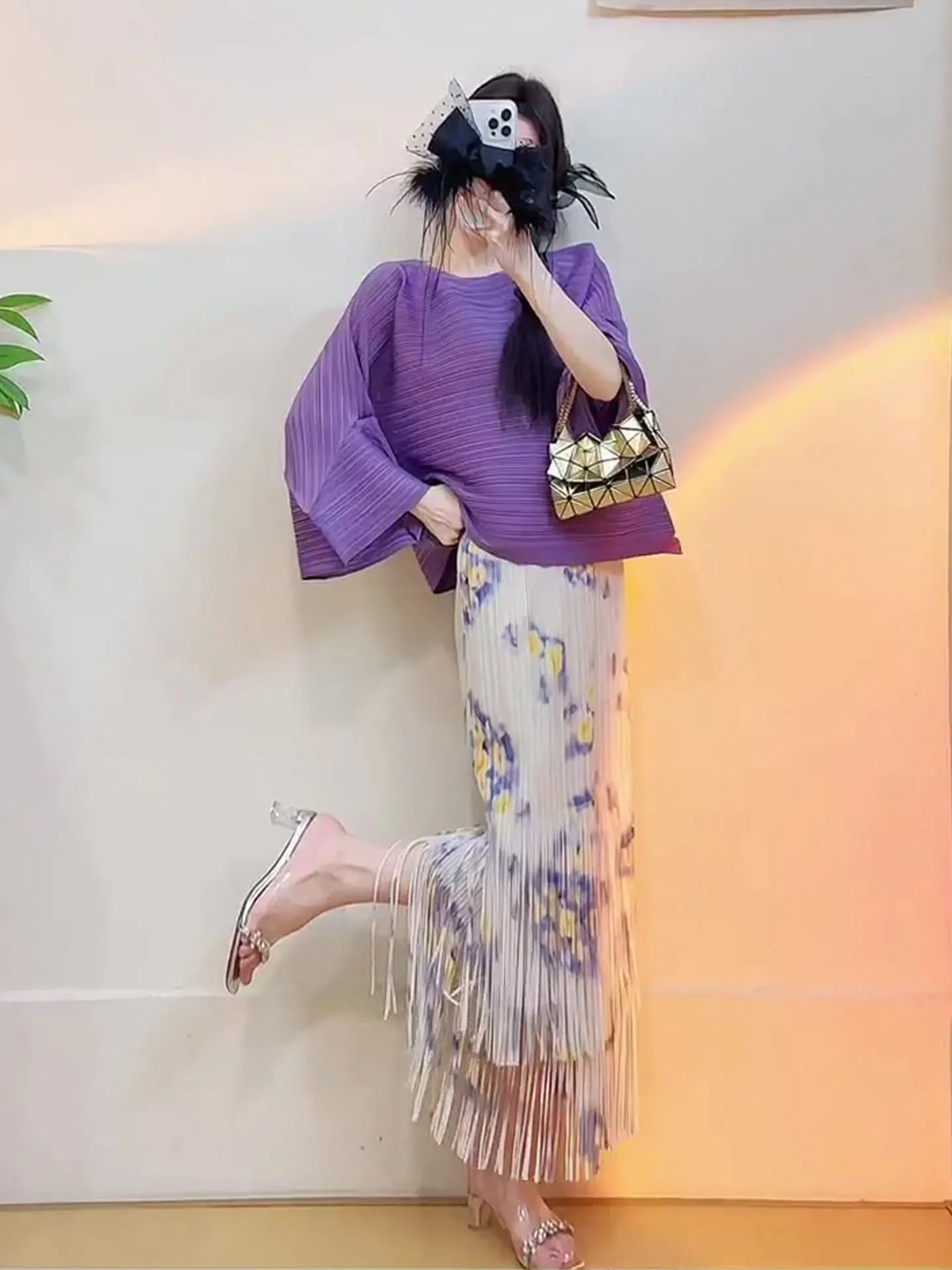 

Loose Summer Purple Top And Floral Tassel Skirt Set Women's Tea Break Faion Ensemble f-length Gathered Skirt Ensemble