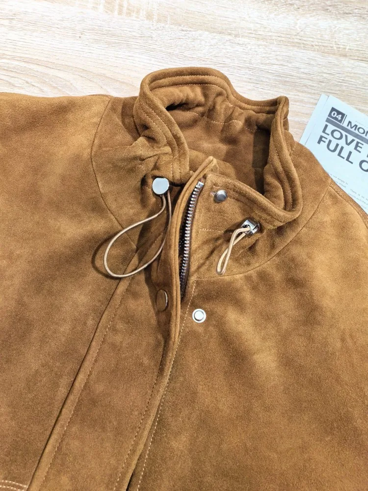 Weibliche Zipper Herbst Winter Kurzen Mantel Vintage Echtem Wildleder Jacke Slim Fit Mode Frauen Elegante Stehkragen Lose Tasche