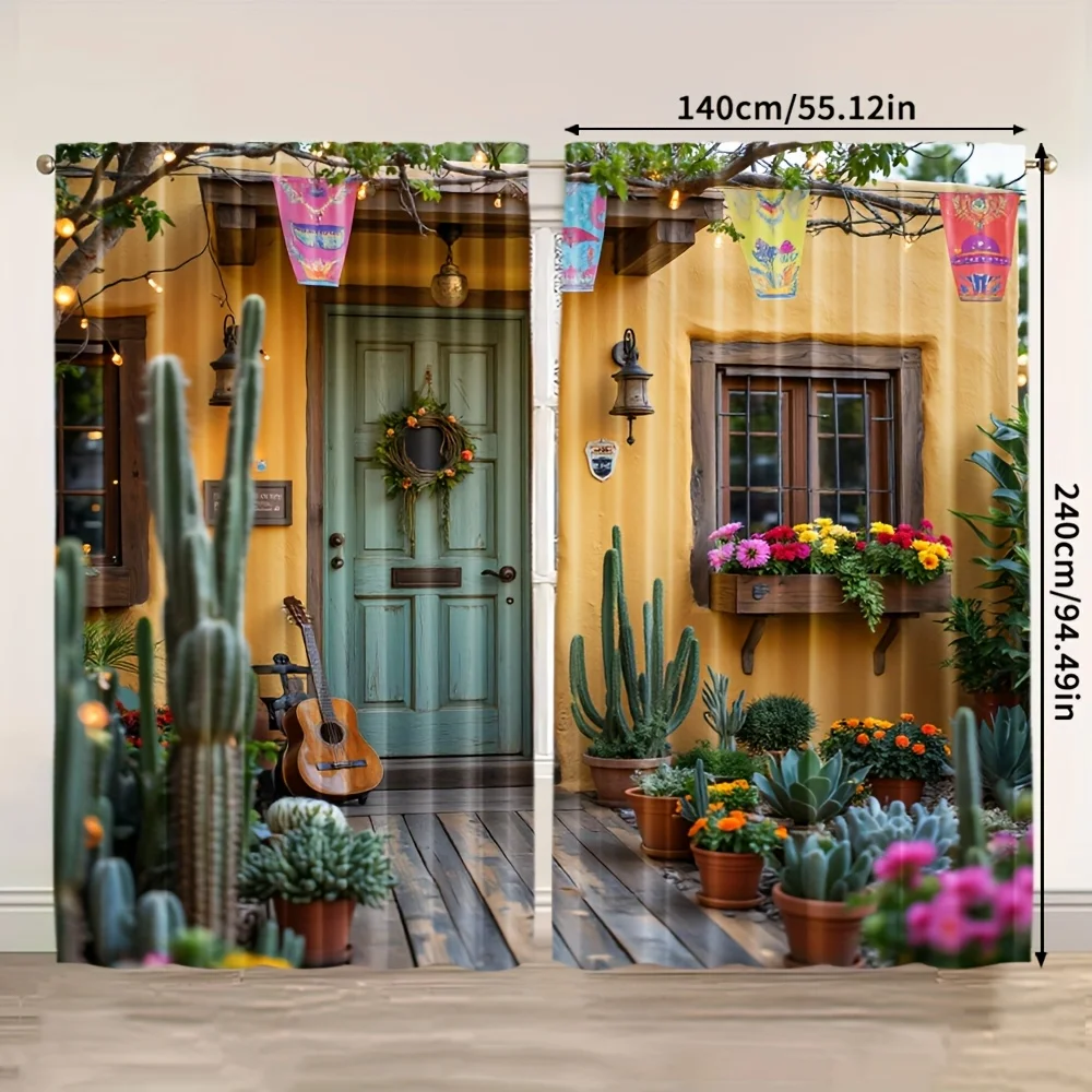 2er-Set mexikanische Vorhänge mit Kaktus- und Gitarrenmuster, Türvorhang, südwestliche Wohnzimmer-Fensterdekoration, rustikale Heimdekoration, Paneele