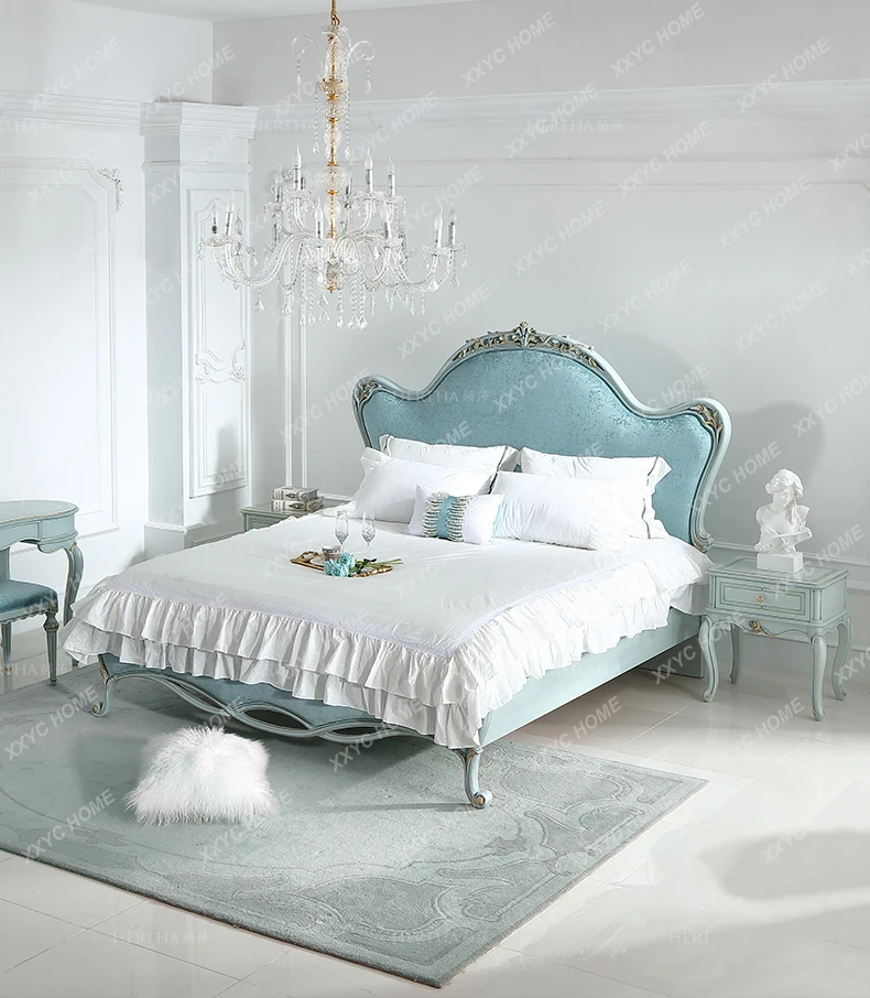 French Pastoral Style Romantic Fresh Simple European Solid Wood Fabric Princess Bed 1.8M Tiffany Blue