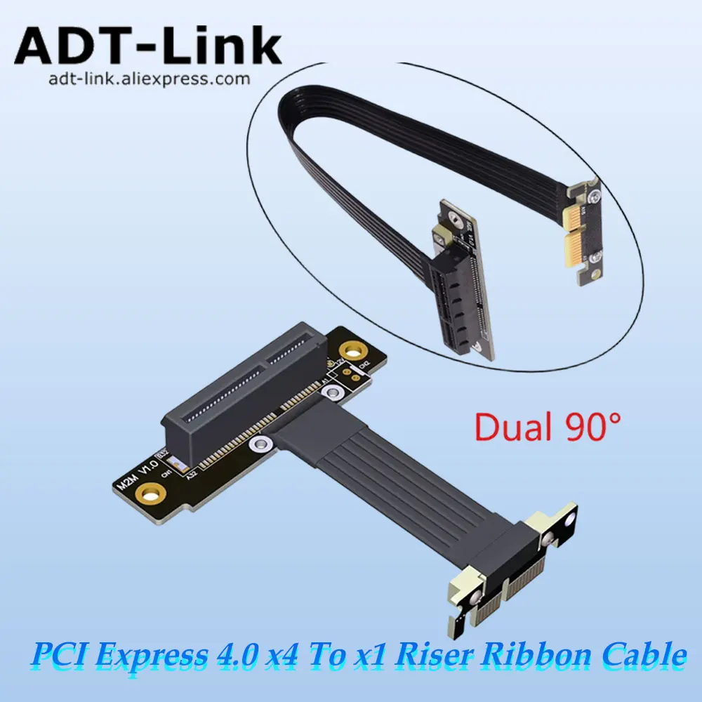 

ADT PCI Express 4.0 x4 To x1 Riser Ribbon Cable Видеокарта PCI-E 1x To 4x Удлинительный кабель Двойной удлинитель 90 градусов Riser
