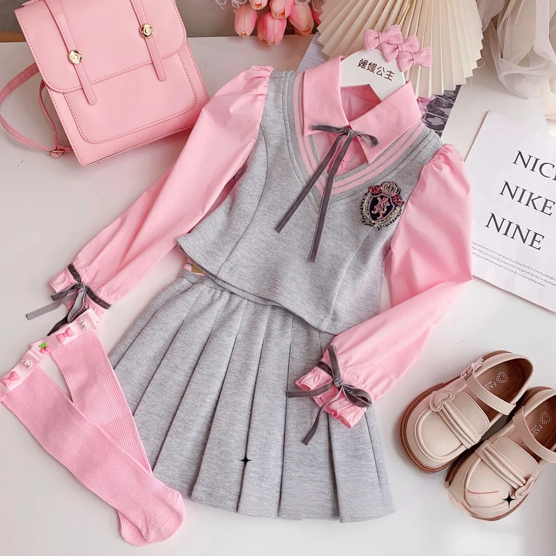 

New Baby Girls Fall Teenage Sets Fake 2 Pieces Top + Pleats Skirts Princess Elegant Suits 5-12T